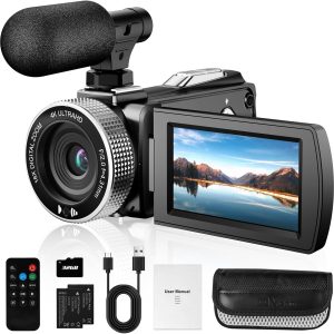 4K Digital Video Camera 48MP 60FPS Vlogging Camcorder with Microphone, 32GB SD Card, 2 Batteries & Remote Control