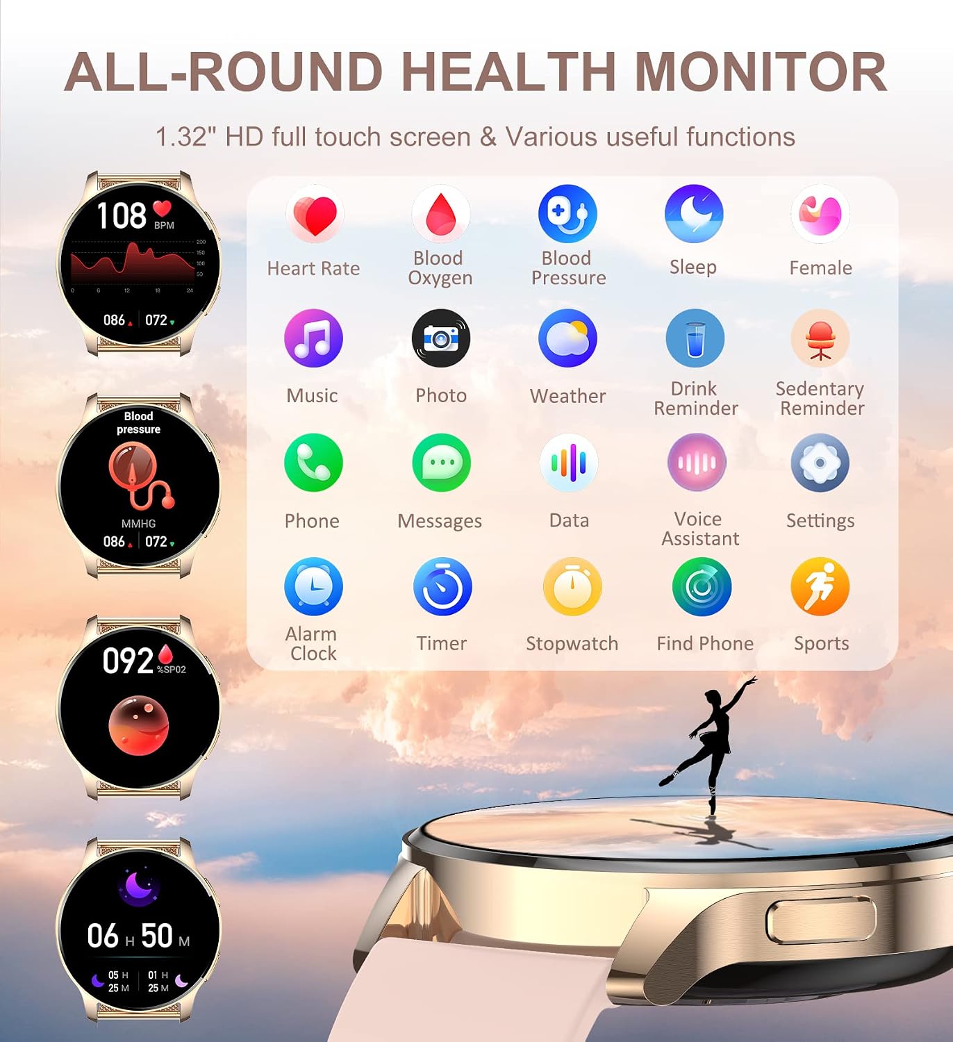 Women’s Smartwatch with Bluetooth Calling, 1.35" HD Touchscreen, Fitness & Activity Tracking, 3 Bands, IP67 - Image 2