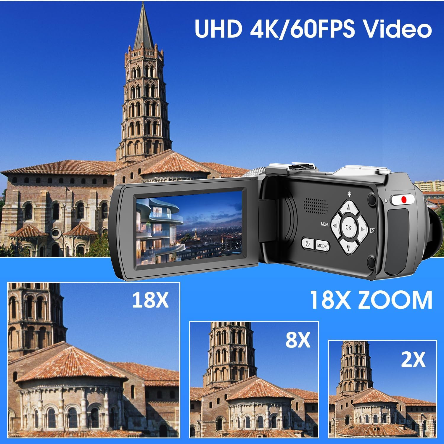 4K Digital Video Camera 48MP 60FPS Vlogging Camcorder with Microphone, 32GB SD Card, 2 Batteries & Remote Control - Image 4